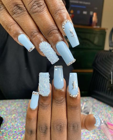 Blue, designer nails, blinged out nails,acrylic ideas Blue Nails, Blue Medium Nails, Gray Nails, Nails Prom, Icy Blue, Blue Water, Sweet 16, Full Set, Cute Nails