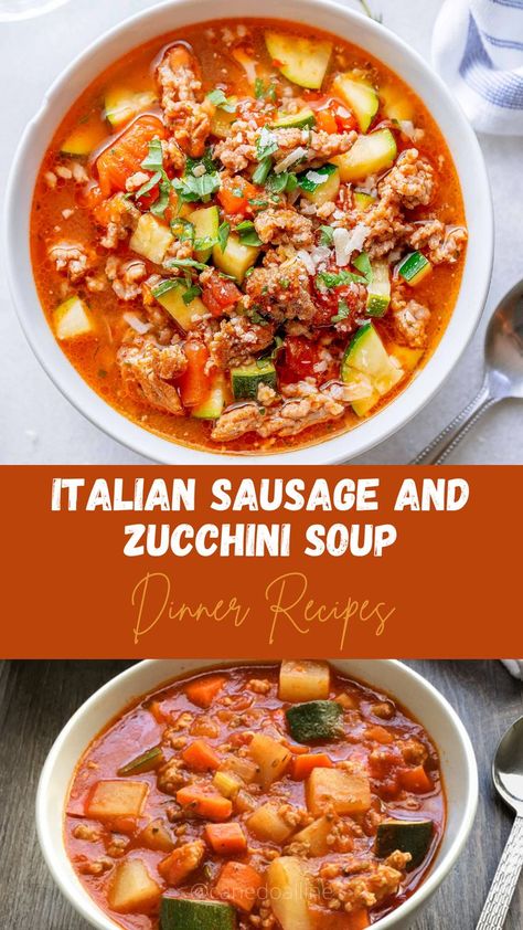 Zucchini Tomato Italian Sausage Soup, Tomato Italian Sausage Soup, Zucchini And Tomatoes, Easy Soup Recipes Healthy, Zucchini Soup Recipes, Sausage Soup Recipes, Zucchini Tomato, Fresh Zucchini, Italian Sausage Soup