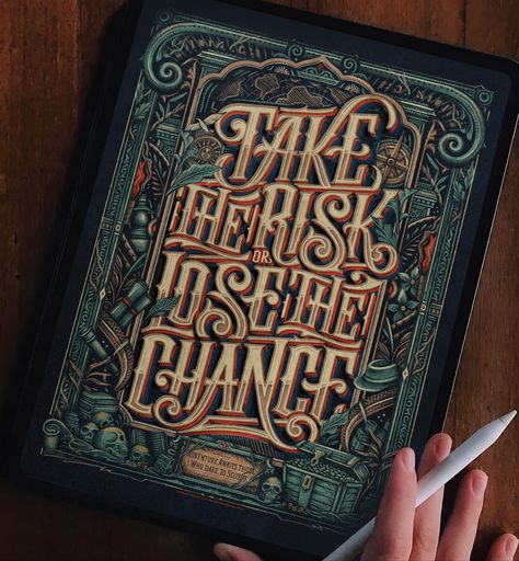 Artwork by Macarena Chomik. Take the risk or lose the chance, lettering, hand lettering, serif lettering Traditional Lettering, Brushpen Lettering, Serif Lettering, Trust The Journey, Font Procreate, Moleskine Journal, Digital Lettering, Unique Lettering, Wedding Postcard