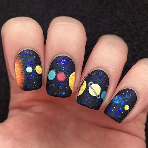 There was a time I could name it every planet in order. Not anymore! @nbnailart #nailitdaily Magic School Bus Nails, Science Teacher Nails, Nerdy Nail Art, Teacher Nail Art, Nerdy Nails, Teacher Nails, School Nail Art, Planet Nails, Kids Nails