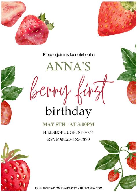 Berry First Birthday Invitation Free, Berry First Birthday Invitation Template, Strawberry Invitation Template, Strawberry Birthday Invitations, Birthday Invitation Template Free Editable, Strawberry Invitations, Summer Birthday Parties, Tutti Frutti Party, Fruity Treats