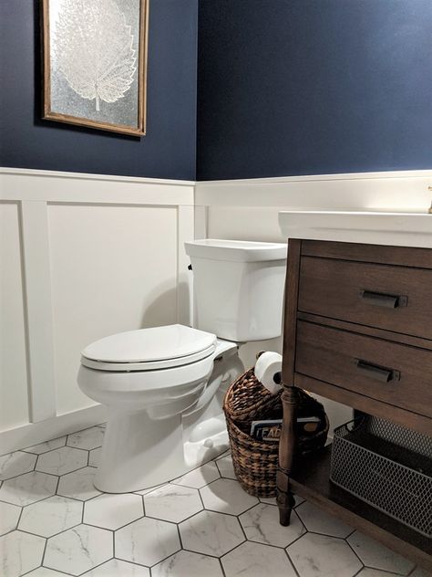 Blue Powder Room - Gallery | Mione Family Remodeling Dark Blue Powder Room, Grey Powder Room Ideas, Navy Blue Powder Room, Grey Powder Room, Blue Powder Room, Home Remodels, Bathroom Paint, Remodeling Ideas, Painting Bathroom