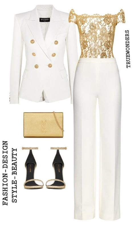 White Outfit Casual Classy, Gold And White Clothes, White And Gold Party Outfit, White And Gold Outfits, Chique Outfits, White Suit, Woman Suit Fashion, Classy Work Outfits, Looks Chic