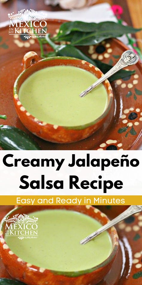 Homemade Hot Sauce Mexican, Jalapeno Avocado Salsa, Salsa Verde Creamy, Salsa Authentic Mexican, Green Creamy Salsa, Mexican Salsa Recipes Authentic, Creamy Green Salsa Recipe, Creamy Green Salsa, Mexican Green Sauce