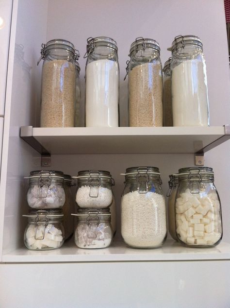 Ikeas - Korkrn Jars. Picked a few of these up to store coffee, pasta, flour, rice and tea bags. Ikea Jars, Hygge Kitchen, Ikea Kitchen Storage, Ikea Pantry, Kuih Raya, Pantry Jars, Glass Pantry, Clear The Clutter, Mason Jar Kitchen