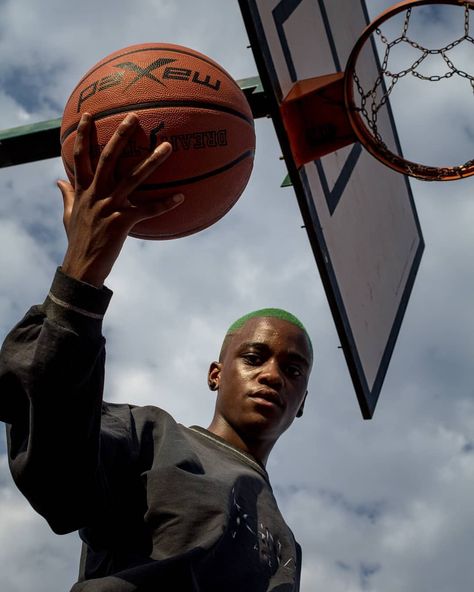 @youngoblin on IG Pose With Basketball, Basketball Editorial Photography, Basketball Court Photoshoot Men, Basketball Reference Pose, Basketball Photography Aesthetic, Basketball Court Photoshoot, Basketball Editorial, Basketball Photoshoot, Basketball Shoot