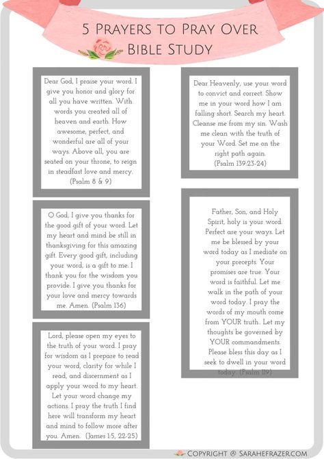 Do you pray before you study the Bible or have a quiet time? Grab these free prayer cards to help you grow in faith and connect with God through war room prayers. || Sarah E. Frazer #pray #prayers #prayercards #warroom #spiritualgrowth #sarahefrazer Pray Before Reading The Bible, Prayer Before Studying, Studying The Bible, Prayer Strategies, Creative Bible, Reading The Bible, Bible Study Printables, Bible Study Plans, Bible Study Methods