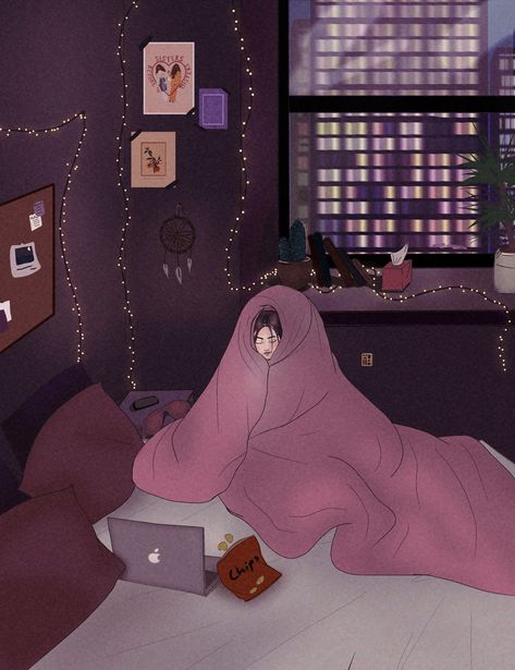 Watching Movies Aesthetic Night Laptop, Watching Movies Aesthetic Night, Watching Movies Aesthetic, Kino Box, Bedroom Drawing, Night Illustration, Illustration Art Girl, Movies Aesthetic, Night Vibes