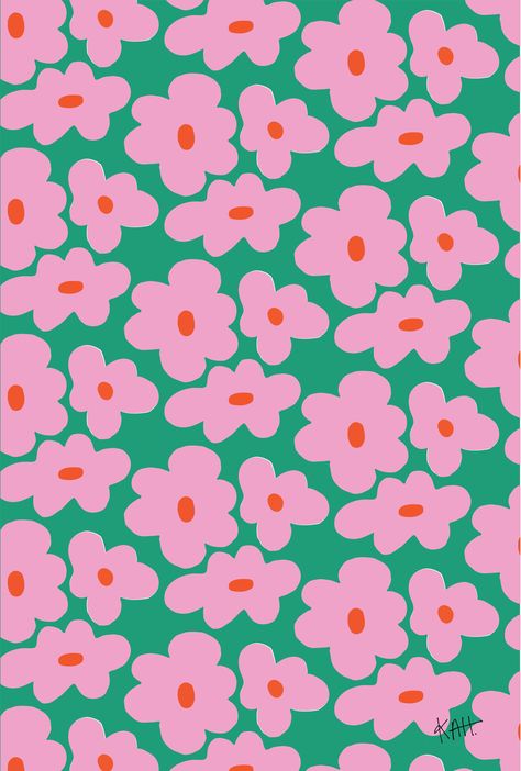 Bold floral print. Bubblegum pink organic flowers with a bright red orange center, patterned over a kelly green bagground. Pattern Design Inspiration Illustrators, Pink And Green Graphic Design, Collage Des Photos, Whatsapp Wallpaper, 수채화 그림, Phone Wallpaper Patterns, Cute Patterns Wallpaper, Cute Backgrounds, Pattern Download