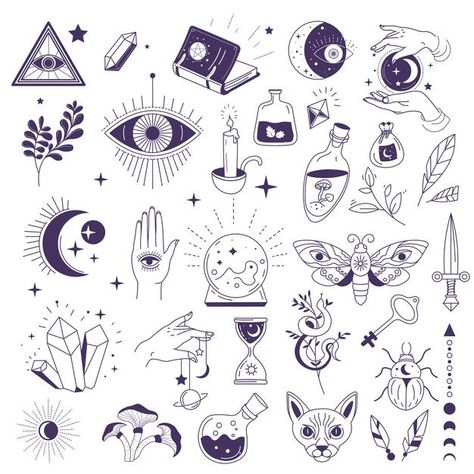 Signos ocultos, brujería y esoterismo Ve... | Premium Vector #Freepik #vector #logo #vintage #abstracto #adorno Easy Tattoos To Draw On Yourself, Mystical Doodles, Hand Doodle Ideas, Spiritual Doodles, Drawing On Hand Doodles, Doodles On Hand, Symbols Witchcraft, Witchy Doodles, Mystic Tattoo