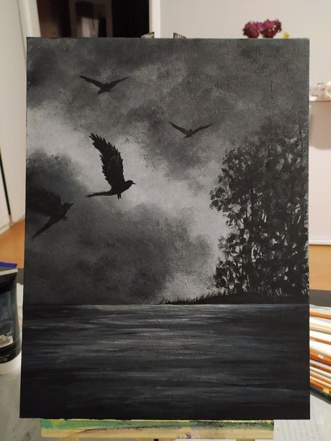 Goth Acrylic Painting Ideas, Black Scenery Painting, Scary Acrylic Paintings, Dark Gothic Art Drawings, Scary Painting Ideas On Canvas, Goth Acrylic Painting, Dark Paintings Ideas Easy, Dark Paintings On Canvas, Painting Ideas On Canvas Aesthetic Dark