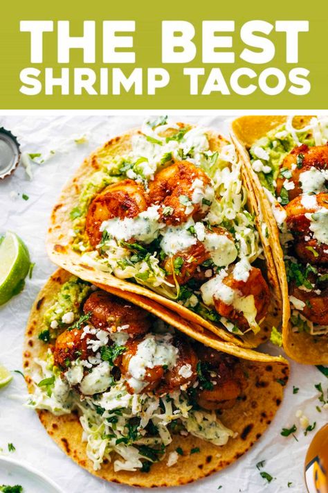 The Best Shrimp Tacos with Garlic Cilantro Lime Slaw - this easy recipe is ready in about 30 minutes and loaded with flavor and texture. Authentic Shrimp Tacos, Mexican Shrimp Tacos, Best Shrimp Tacos, Easy Fish Taco Recipe, Cilantro Lime Shrimp Tacos, Shrimp Tacos Easy, Lime Slaw, Shrimp Taco, Spicy Shrimp Tacos