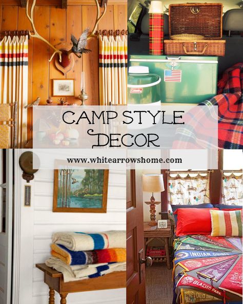 I am so drawn to CAMP STYLE decor. I love reading about, hearing about and dreaming about the "Good 'Ole Days." CAMP STYLE relics are all about fun, adventure and embracing easy, breezy summer days. Camp Style Decor, Camp Decor, Lake Cabin Decor, Lake Camp, Cabin Vibes, Glacier Park, Vintage Cabin, Camping Style, Cottage Style Decor