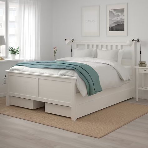 HEMNES Bed frame with 4 storage boxes, white stain/Espevär, King - IKEA Ikea Storage Bed, Ikea Hemnes Bed, Hemnes Bed, Cama Ikea, Captains Bed, Steel Bed, Ikea Hemnes, Full Bed Frame, Ikea Bed