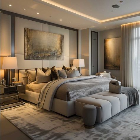 20+ Elegant Master Bedroom Interior Design Transformations • 333+ Images • [ArtFacade] Forest Modern Bedroom, Masterbed Ideas Luxe, Luxurious Minimalist Bedroom, Luxury Bedroom Master With Bay Window, Master Bedrooms Luxury Modern, Bed Frame Inspiration, Modern Cosy Bedroom, Dream Master Bedrooms Luxury, Luxury Homes Dream Houses Interior Bedrooms