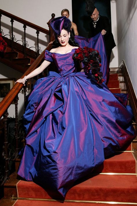 Dita Von Teese in Vivienne Westwood Dita Von Teese Wedding, Vivienne Westwood Wedding Dress, Vivienne Westwood Wedding, Lavender Gown, Celebrity Bride, Purple Wedding Dress, Celebrity Wedding Dresses, Famous Dress, Weddings By Color