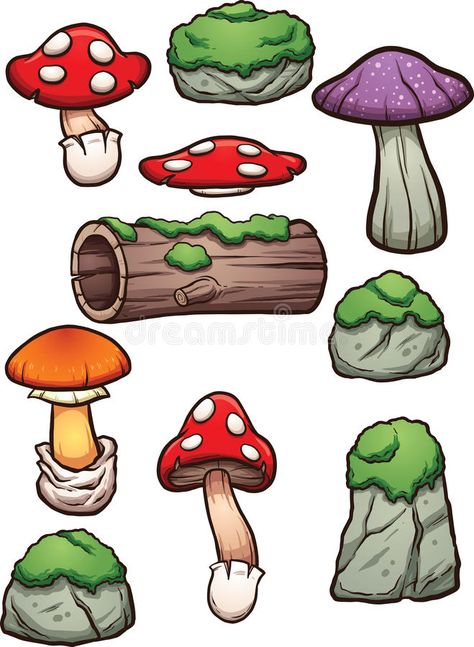 Clip Art Mushrooms, Log With Mushrooms Drawing, Mossy Rock Drawing, Simple Forest Illustration, Mushroom Illustration Art, How To Draw Moss, Drawing Moss, Draw A Fly, Mushroom Art Drawing