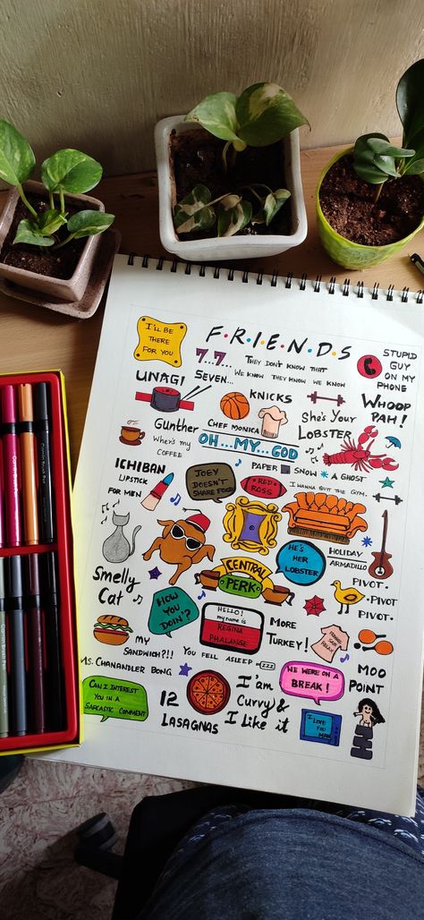 Friends Series Drawing Pencil, Camlin Brush Pen Art, Aesthetic Drawing With Brush Pens, Simple Brush Pen Art, Friends Series Doodle, Aesthetic Brush Pen Art, Brush Pen Doodles, Brush Pen Art Drawing Easy, Friends Doodle