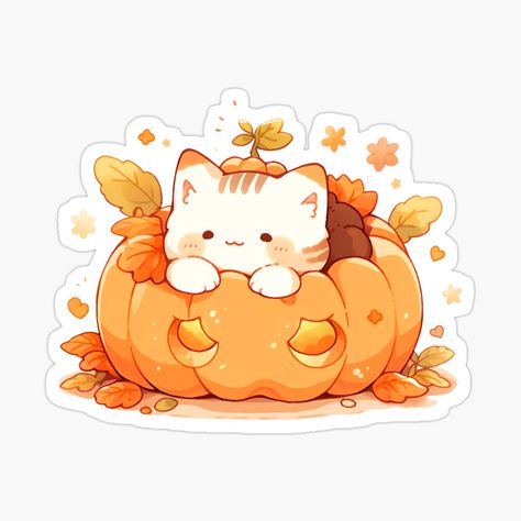 Fimo, Halloween Kawaii Art, Cat In Pumpkin Drawing, Halloween Illustration Cute, Cute Halloween Illustration, Cute Halloween Stickers, Cute Cat Halloween, Cat Banner, Pumpkin Artwork