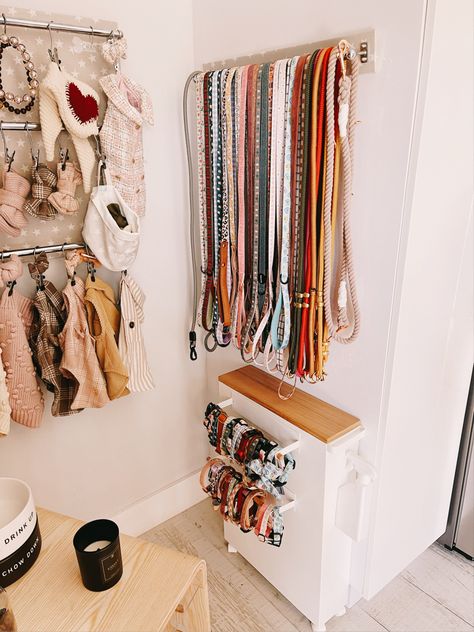 Leash Storage Ideas, Organize Dog Bandanas, Pet Room Organization, Dog Accessories Organization, Dog Clothing Storage, Dog Gear Wall, Dog Gear Organization, Dog Organization Station, Dog Storage Ideas