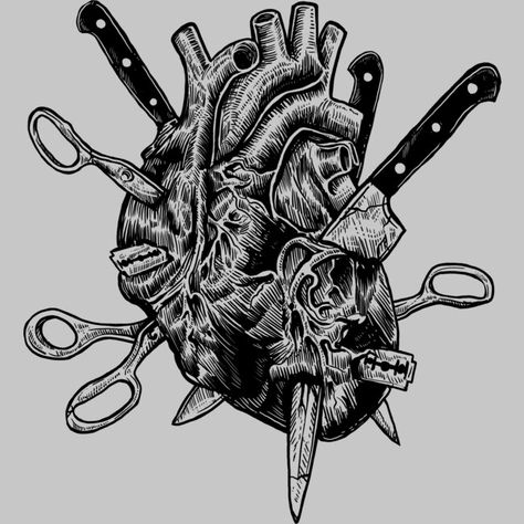 Creepy Heart Drawing, Heart With Knife, Human Heart Tattoo, Human Heart Art, Alas Tattoo, Anatomical Heart Art, Anatomy Tattoo, Horror Collection, Hurt Heart