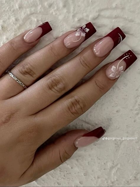 Square Nail Designs Burgundy, Red And White Hibiscus Nails, Dark Red Nail Designs Coffin, Sweet 16 Nails Acrylic Red, Nail Inspo Coffin Medium Design, Nails Acrylic Hibiscus, Burgundy Nails With Flowers, Red Nails With Hibiscus Flower, Gel Nail Designs Coffin Shape