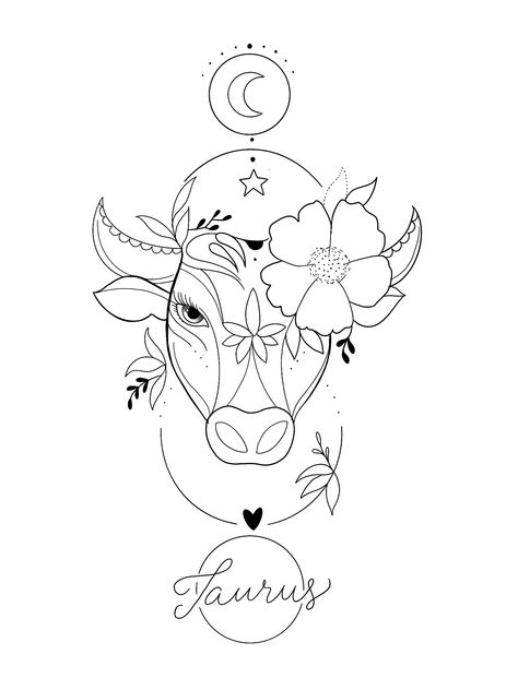 Astrology Art Taurus, Spiritual Taurus Tattoo, Taurus Arm Tattoo, Feminine Taurus Tattoo Ideas, Taurus Bull Tattoos For Women Leg, Pretty Bull Tattoo, Taurus Tattoo Stencil, Taurus And Cancerian Tattoo, Capricorn And Taurus Tattoo Combined