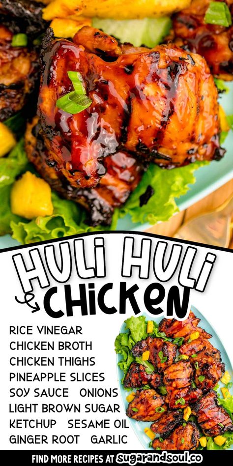 Grilled Huli Huli Chicken marinates chicken thighs in a sweet, savory sauce that delivers tender, juicy meat after just 10 minutes of cooking! Prep it the night before for an easy dinner option the next day! via @sugarandsoulco Chicken Marinates, Grilled Huli Huli Chicken, Soul Recipes, Huli Chicken, Huli Huli, Huli Huli Chicken, Vinegar Chicken, Grilled Recipes, Easy Dinner Options