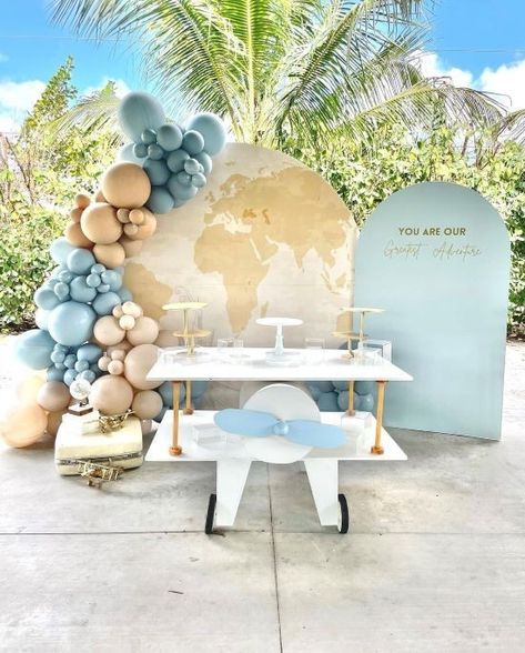 Travel Theme Birthday Decor, What A Wonderful World 1st Birthday, The Greenspring Home, Airline Party Decorations, Travel Decor Ideas Party, Travel Theme Decor Party, Travel Balloons Decoration, Travel Decorations Party, Adventure Balloon Arch