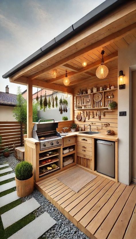 Tiny Home With Outdoor Kitchen, Tiny House With Outdoor Kitchen, Tiny House Outdoor Kitchen, Tiny House Yard Ideas, Small Garden Kitchen Outdoor, Tiny Home Backyard Ideas, Outdoor Small Kitchen Ideas, Covered Outdoor Space, Compact Outdoor Kitchen