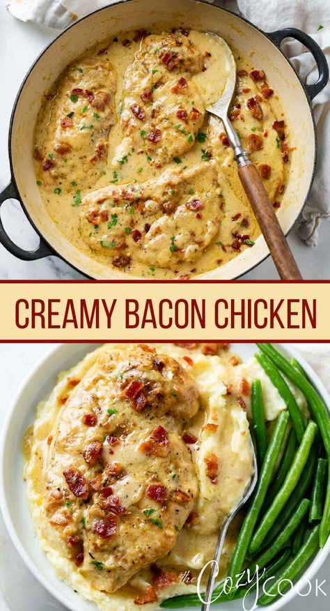 Creamy Bacon Chicken, Easy Skillet Dinner, Chicken Mashed Potatoes, Easy Skillet Meals, Bacon Chicken, Delicious Snacks, Chicken Potatoes, Chicken Dishes Recipes, Bacon Recipes