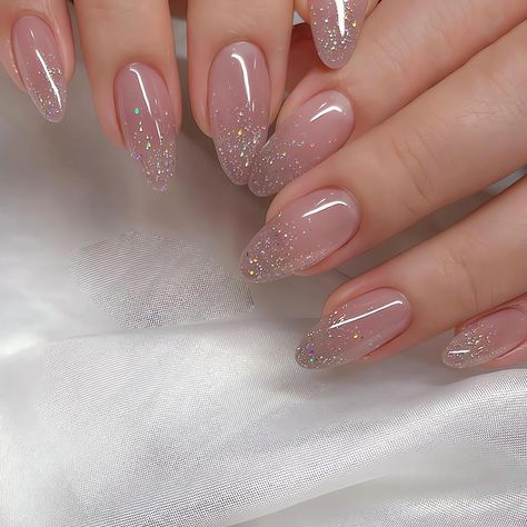 Chrome On Glitter Nails, Blush Nails For Wedding, Pretty Nails Flowers, Subtle Glitter Ombre Nails, Gradient Nails Design, Short Sparkle Acrylic Nails, Pink Frosty Nails, Almond Shape Green French Tip, Light Pink Nails With Glitter Design