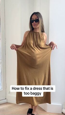 In this tutorial, I’ll show you a fashion hack for fixing dresses that are just too baggy. Keep reading to find out how to make your favorite baggy dresses fit right. Oversize Dress Hack, How To Fix A Dress That Is Too Big, Oversized Dress Hack, Dress Too Big Hacks No Sew, Boxy Dress, Baggy Dresses, Baggy Tops, Dress Alterations, Loose Maxi Dress