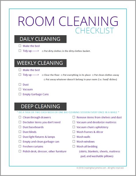 Room Cleaning Checklist (for tweens & teens) - creatingmaryshome.com Clean Room Checklist, Schedule Ideas, Room Cleaning Tips, Daily Cleaning Checklist, Room Checklist, Deep Cleaning Hacks, Room Cleaning, Dirty Clothes Basket, Cleaning Painted Walls