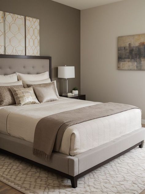 Taupe Bedroom Walls, Taupe Accent Wall, Taupe Bed, Bedroom Colour Ideas, Taupe Bedding, Taupe Bedroom, Bedroom Colour, House Color Schemes, New Beds