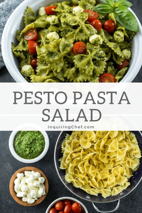 Essen, Pesto And Mozzarella Pasta, Pasta Dish For Party, Pasta Salad Potluck, Mozzarella Pesto Pasta, Green Pasta Salad Recipes, Healthy Pasta Salad Recipes Meal Prep, Bridal Shower Pasta Salad, Easy Pesto Pasta Salad Recipes