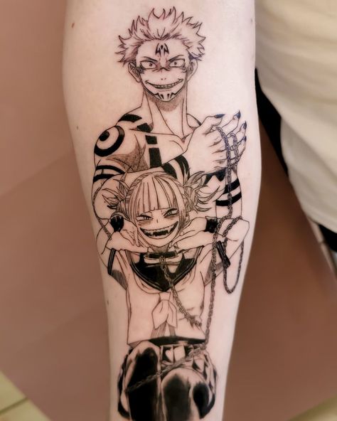 ANIME TATTOO BERLIN Germany on Instagram: “Sukuna x Toga Jjk - bnha . . . . . #myzu #myzutattoo #jujutsukaisentattoo #bokunoheroacademiatattoo #bnhatattoo #gojotattoo #sukunatattoo…” Toga Himiko Tattoo Ideas, Jjk Tattoo, Tattoo Perna, Leg Sleeve Tattoos, Leg Tattoo Ideas, Cupcake Tattoos, Berlin Tattoo, Shin Tattoo, Comic Tattoo