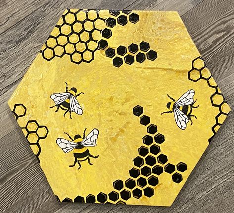 Beehive Painting, Aesthetic Bee Painting, Bee Honeycomb Painting, Honeycomb Painting Acrylic, Bee And Honeycomb Painting, Honey Bee Canvas Painting, Hexagon Canvas, Bee Nursery, Word Drawings