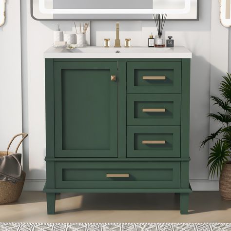 Bathroom Vanity Sizes, Green Bathroom Vanity, White Countertop, 30 Bathroom Vanity, Modern Bathroom Cabinets, Freestanding Bathroom Cabinet, Bathroom Vanity Base, Green Cabinets, Bathroom Storage Cabinet