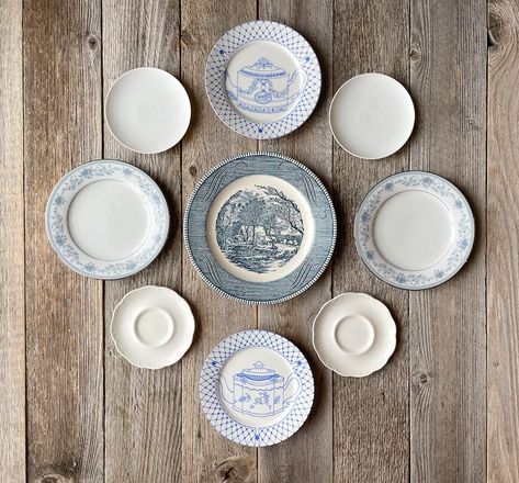 Blue Plates Wall, Eclectic Plates, Plate Wall Display, Blue And White Plates, Farmhouse Decor Wall, Gallery Wall Ideas, Fall Dining Room, Driven By Decor, Plate Wall Art