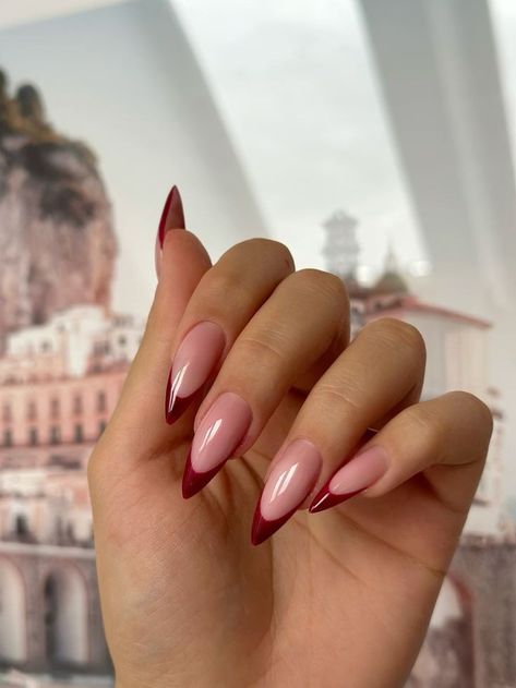 Red Tip Nails, Almond Nails Red, French Tip Nail Designs, Red French, Gel Nails Diy, Pointed Nails, Work Nails, Blush Nails, Square Acrylic Nails