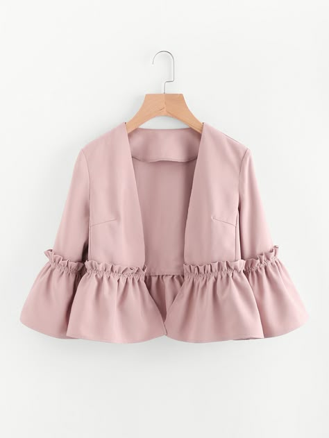 Shop Bell Sleeve Frill Detail Blazer online. SheIn offers Bell Sleeve Frill Detail Blazer & more to fit your fashionable needs. Hijab Stile, Open Blazer, Fashion Tops Blouse, Trendy Fashion Tops, Frock Design, Mode Inspo, Dresses Kids Girl, Trendy Dresses