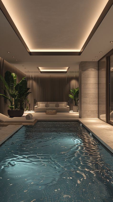 Swimming Pool In Basement, Basement Pool Swimming, Interior Pool Design Luxury, Pool Room Ideas Interior Design, Indoor Pool House Luxury, Aesthetic Indoor Pool, Indoor Pool In House, Inside Pool Aesthetic, Indoor Pool Bloxburg