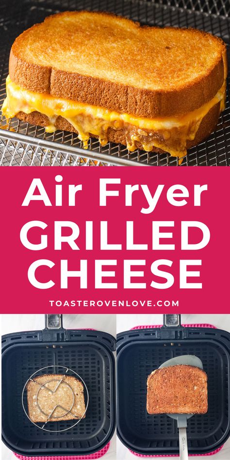 Grilled cheese in an air fryer oven basket and inside of a drawer style air fryer with a rack on top of the sandwich. Essen, Air Fryer Grilled Cheese Sandwich, Basic Grilled Cheese, Air Fryer Grilled Cheese, Cheesy Sandwich, Perfect Grilled Cheese, Perfect Sandwich, Crispy Bread, Grilled Cheese Recipe