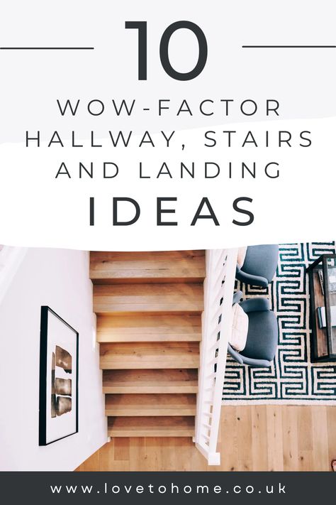 Hallways, stairs and landings are often overlooked when it comes to home design. From statement wallpaper to eye-catching flooring, there are plenty of ways to spice up these spaces. To help you get started on your makeover, here are 10 wow-factor hallway, stairs and landing ideas. Upstairs Landing Flooring Ideas, Hallway Stairs Wallpaper, Wallpaper Landing Stairways, Stairway Landing Accent Wall, Stair Landing Storage Ideas, Top Of Stairs Landing Ideas, Narrow Landing Ideas Upstairs, Feature Hallway, High Ceiling Hallway