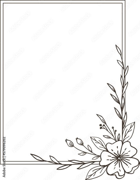 Easy Floral Borders To Draw, Plant Border Drawing, Flower Line Drawings Border, Flower Border Black And White, Aesthetic Boarders Designs, Boarders Designs, Page Boarders, Floral Border Black And White, Book Cover Page Design