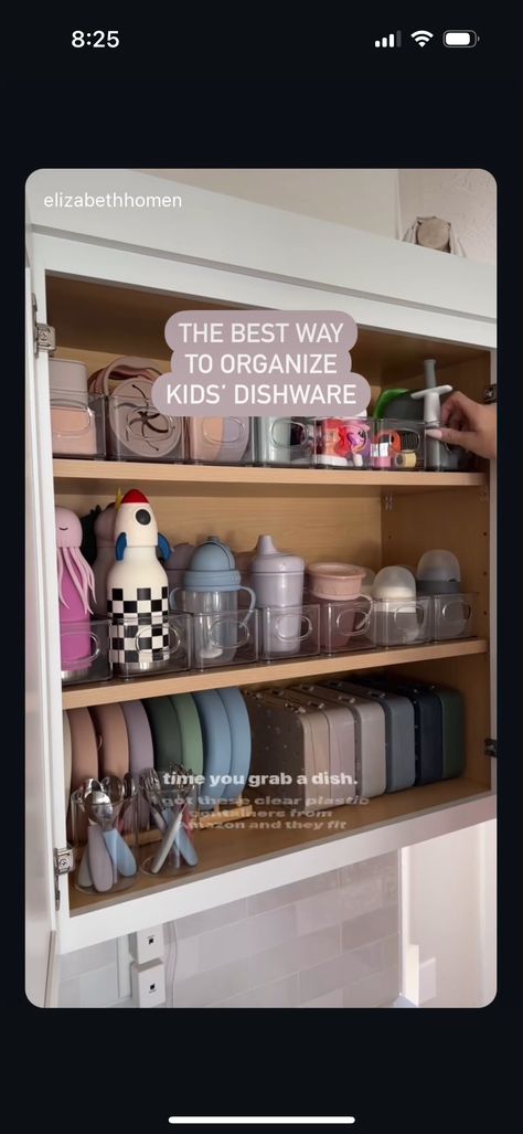 Baby Station In Kitchen, Kids Plates And Cups Organization, Kitchen Organization For Baby Stuff, Baby Formula Station In Kitchen, Dish Cabinet, Baby Cabinet, Plate Organizer, Dish Organization, Kids Organization