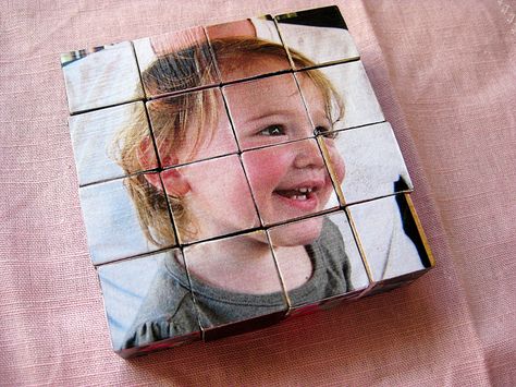 photo block ornaments Photo Puzzle Diy, Block Ornaments, Picture Blocks, Wooden Block Puzzle, Block Puzzle, Relief Society Activities, Photo Cubes, Diy Photo Frames, Diy Puzzles