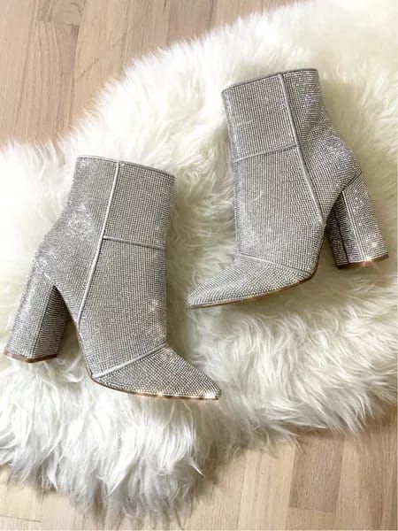 Holiday boots of my dream. 🤩 They fit TTS! Sparkle, glitter, rhinestone, NYE, New Year’s Eve, holiday shoes, holiday boots, holiday outfit, Nordstrom, Nordstrom shoes, Steve Madden, booties #LTKshoecrush #LTKHoliday Silver Sparkly Boots Outfit, Sparkle Ankle Boots Outfit, Silver Glitter Boots Outfit, Silver Sequin Boots Outfit, Outfits With Glitter Boots, Sparkly Ankle Boots Outfit, How To Style Sparkly Boots, Rhinestone Ankle Boots Outfit, Shiny Boots Outfit