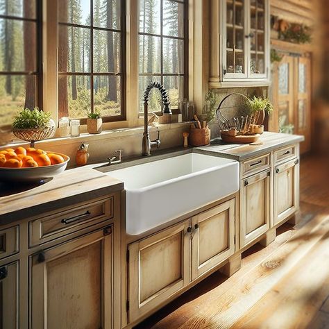 Kitchen Inspirations Butcher Block, Farm Sinks In Kitchen, Porcelain Sink Kitchen, Adirondack Kitchen, Natural Kitchen Ideas, Large Kitchen Window Over Sink, Kitchen Sink Cabinet Ideas, Elegant Rustic Home Decor, European Cottage Kitchen